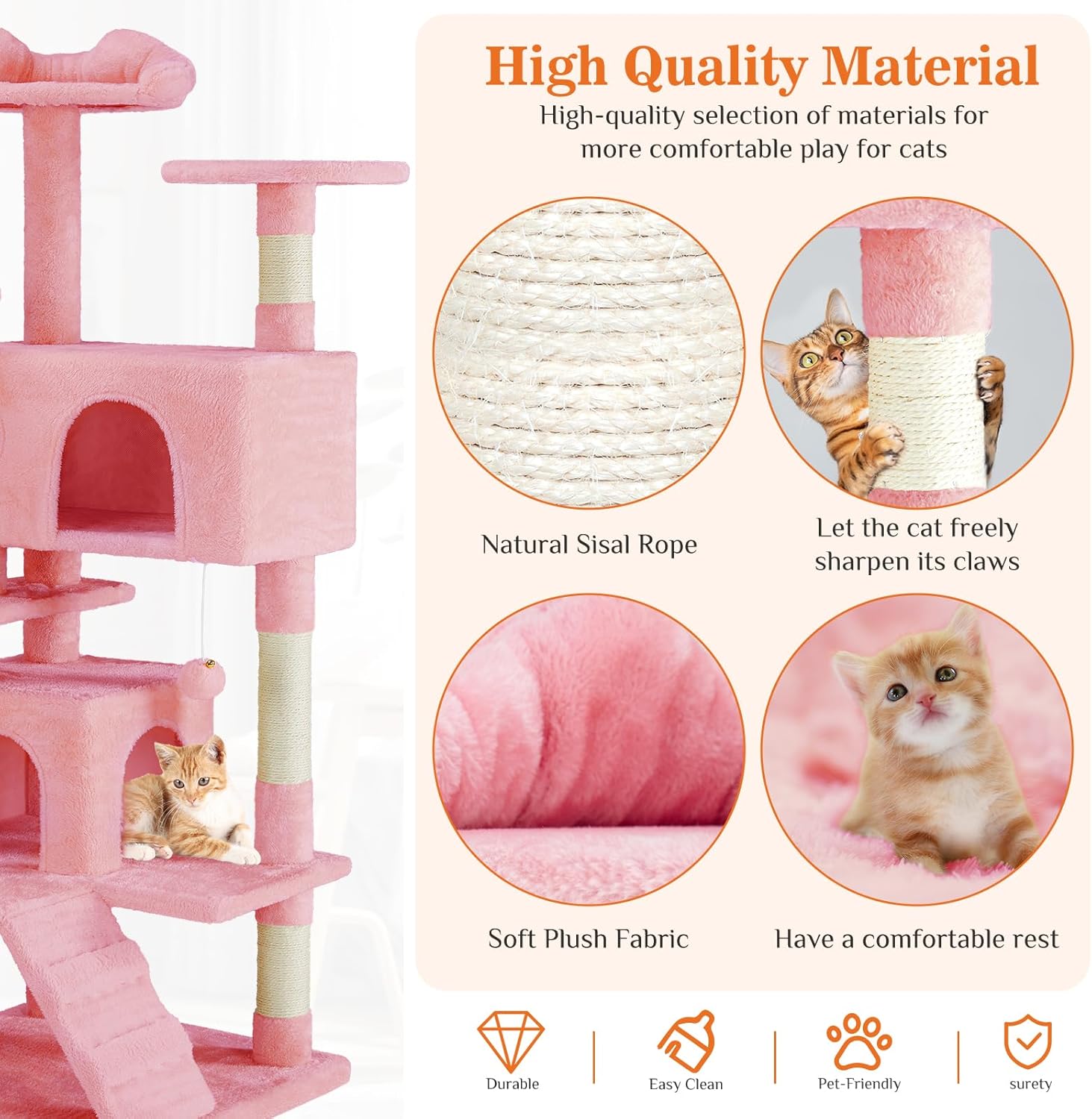 54" Multi-Level Cat Tree Tower | Sisal Scratching Posts, 2 Condos, Hanging Toy – Light Grey & Pink