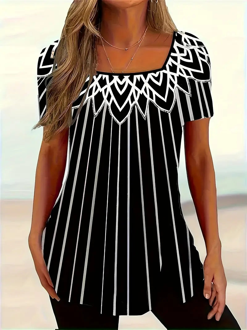Women's Striped Square Neck T-Shirt - Casual Short Sleeve Summer Top