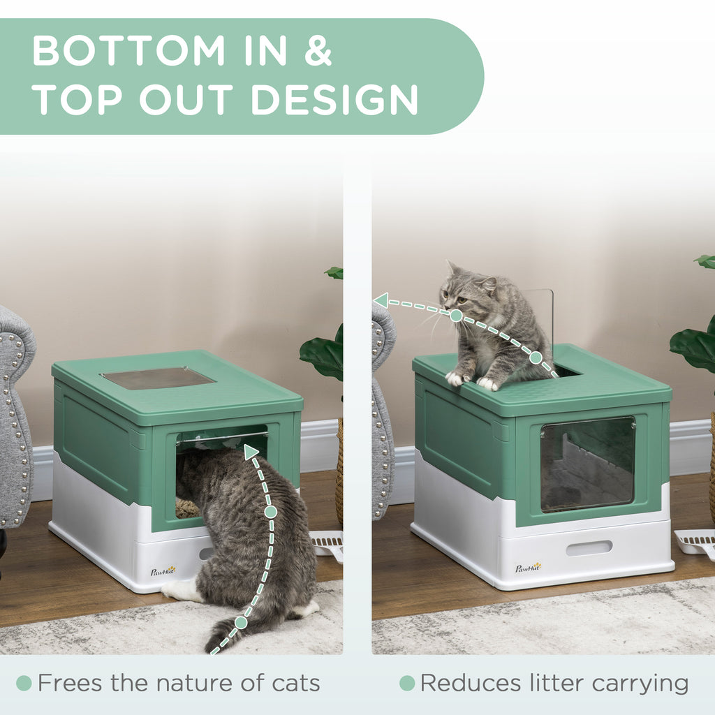 PawHut Enclosed Cat Litter Box - Odor Control, Top Entry, Pull-Out Drawer - Green