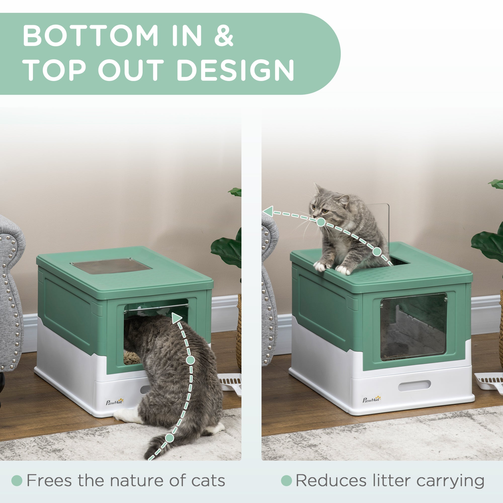 PawHut Enclosed Cat Litter Box - Odor Control, Top Entry, Pull-Out Drawer - Green