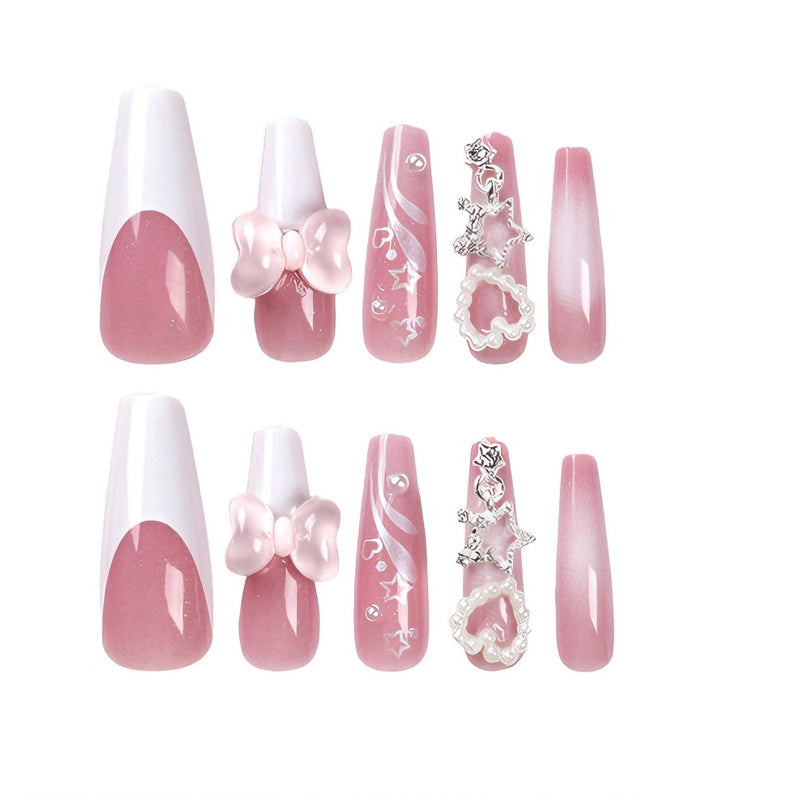 Press-On Nails 24pc | Bear Bow Kawaii Square Tip False Nails