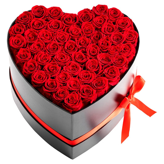 50 Preserved Roses in Heart-Shaped Box – Forever Flowers, Lasts Up to 3 Years