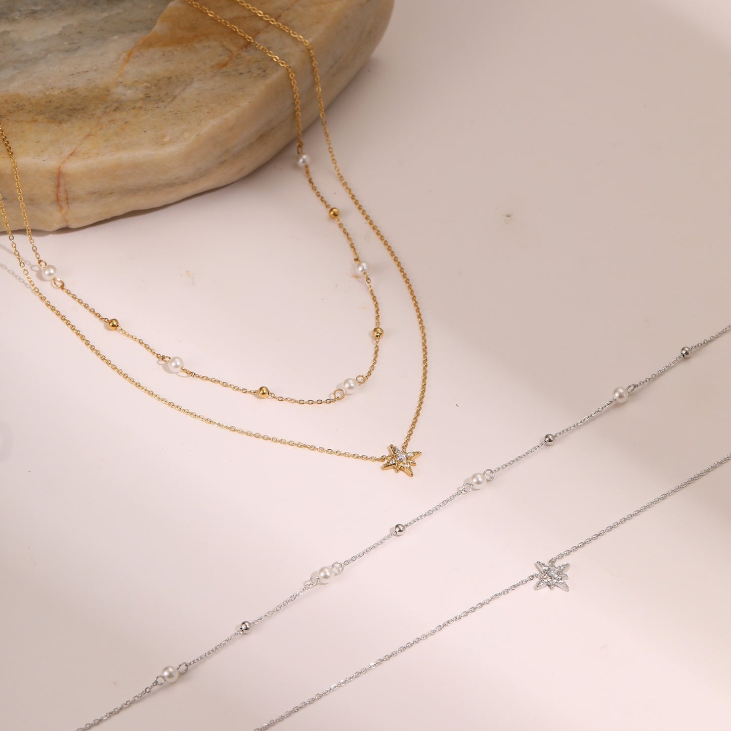 18K Gold Plated Layered Star Necklace – Pearl & Crystal Accents | Women's Jewelry