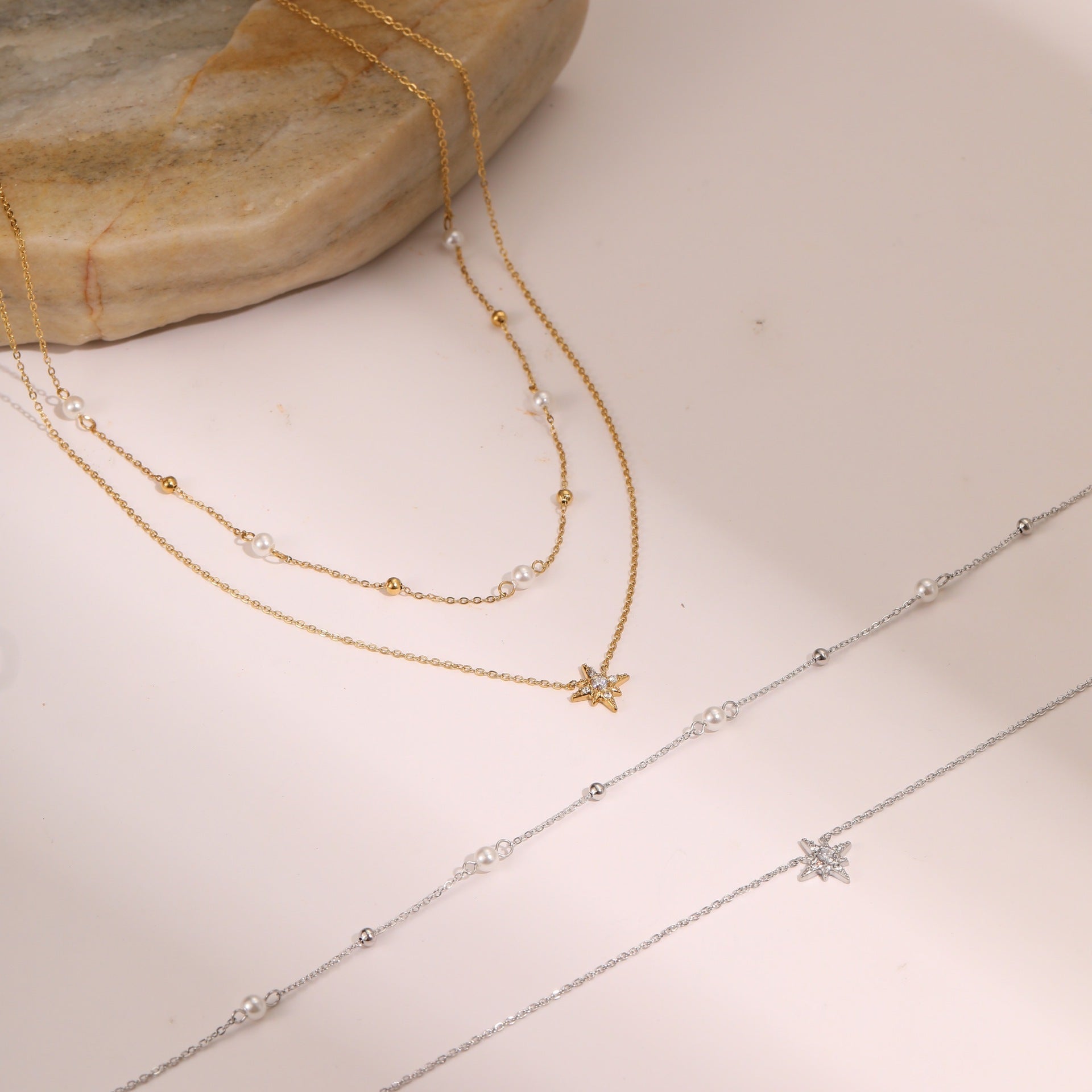 18K Gold Plated Layered Star Necklace – Pearl & Crystal Accents | Women's Jewelry