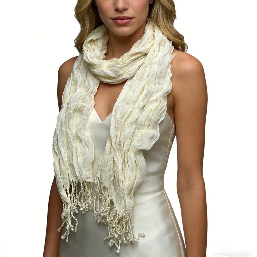 White Crinkle Texture Scarf for Women & Men - Lightweight 70x25 Inch Shawl Wrap