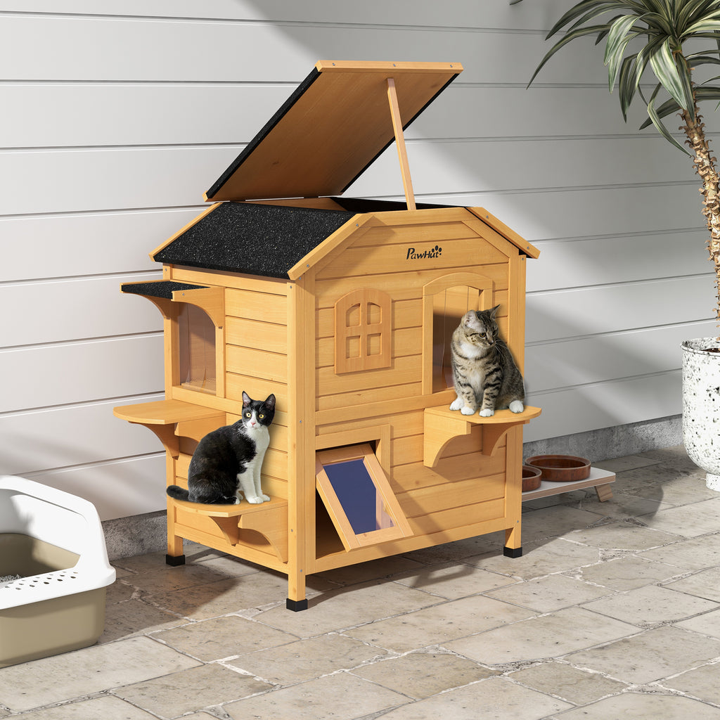 Outdoor Cat House - 2-Story Weatherproof Wooden Shelter with Escape Door & Asphalt Roof