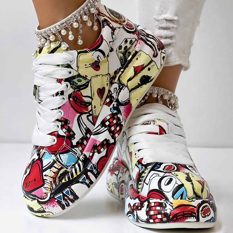 Women's Geometric Print Low-Top Sneakers | Lace-Up Casual Shoes with Thick Rubber Sole