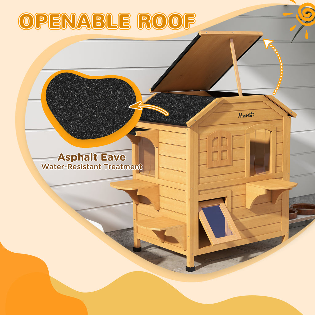 Outdoor Cat House - 2-Story Weatherproof Wooden Shelter with Escape Door & Asphalt Roof