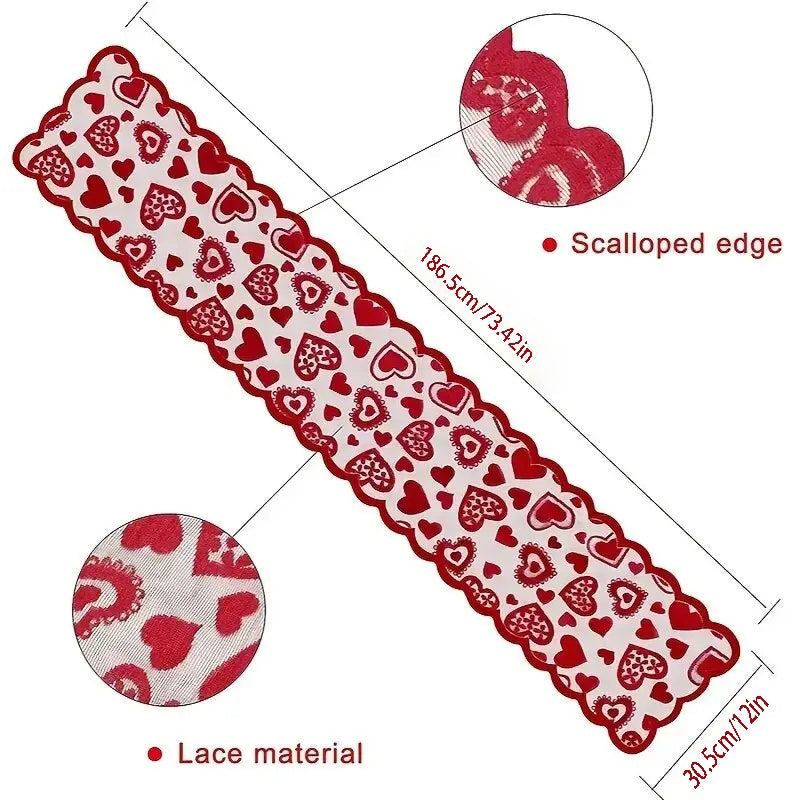 Valentine's Day Lace Heart Table Runner - 13x72 Inch