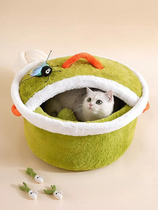 Semi-Enclosed Round Pet Nest – Cozy Foldable Bed for Cats & Small Dogs