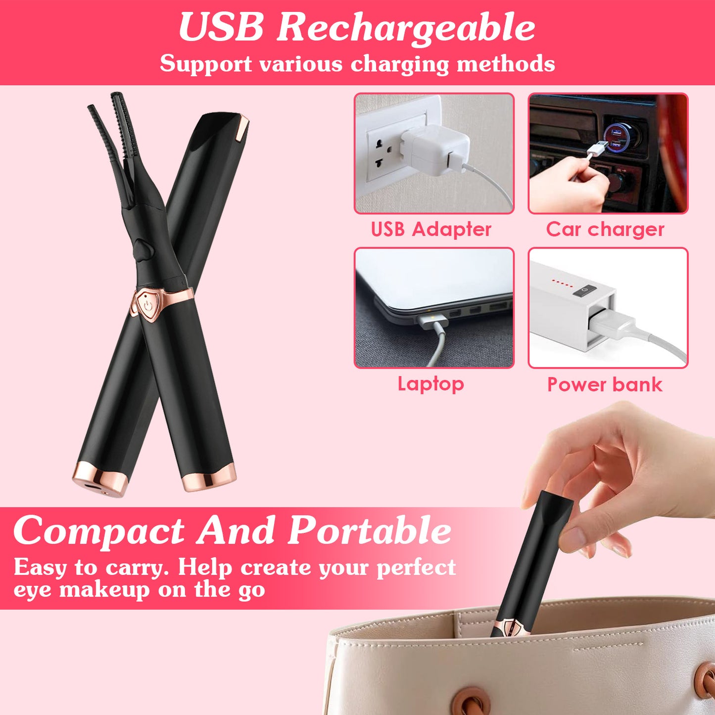 Heated Eyelash Curler – USB Rechargeable Electric Lash Curler | 3 Temperature Settings