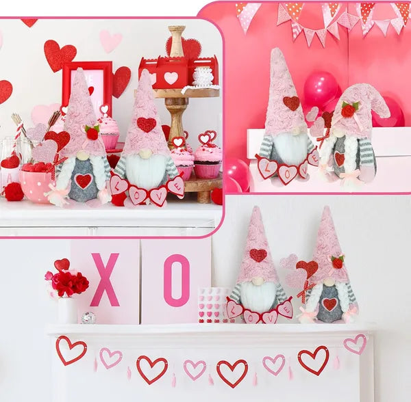 Valentine's Day Gnome Decorations - Pink Plush Scandinavian Tomte for Tiered Tray & Home Decor