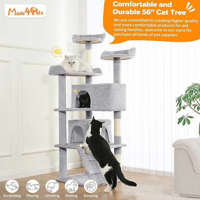 56" Multi-Level Cat Tree Tower with Scratching Posts, Cozy Condos & Hanging Toys – Light Gray