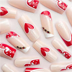 24 PCS Red & White Heart Press-On Nails | Long Square Fake Nail Tips