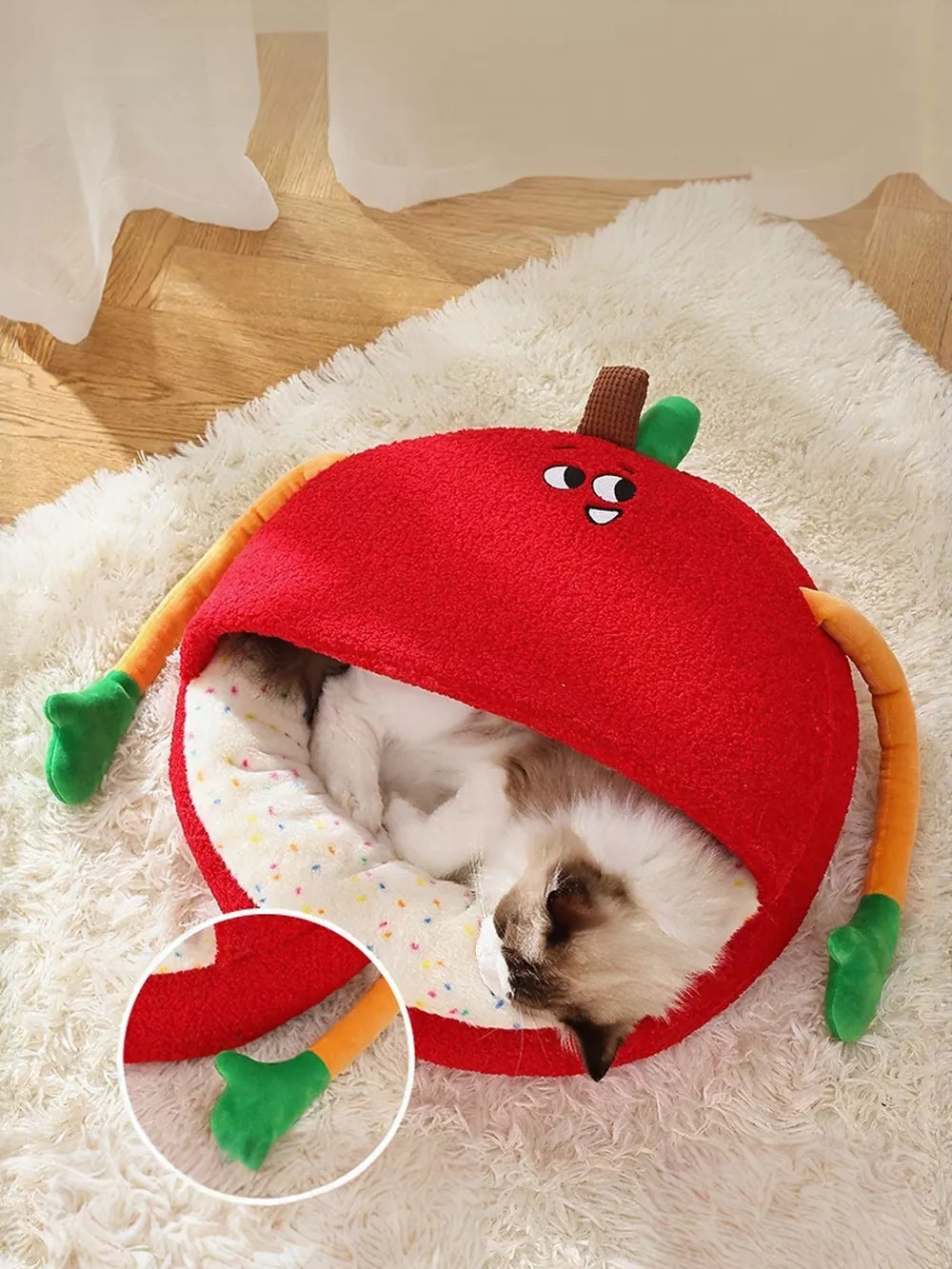 Apple Shape Pet Nest – Plush Cat & Small Dog Bed with Cozy Wraparound Arms