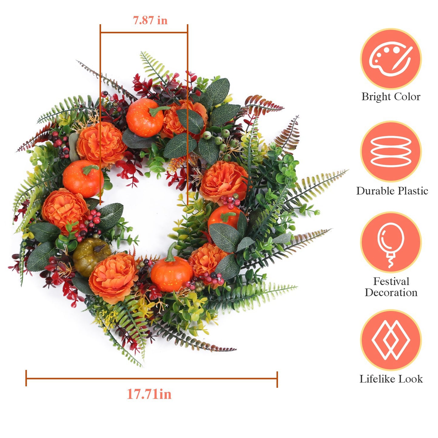 17.7" Fall Wreath for Front Door - Autumn Pumpkin & Berry Harvest Decoration