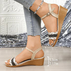 Women's Ankle Strap Wedge Sandals – Low Heel PU Leather Summer Sandals