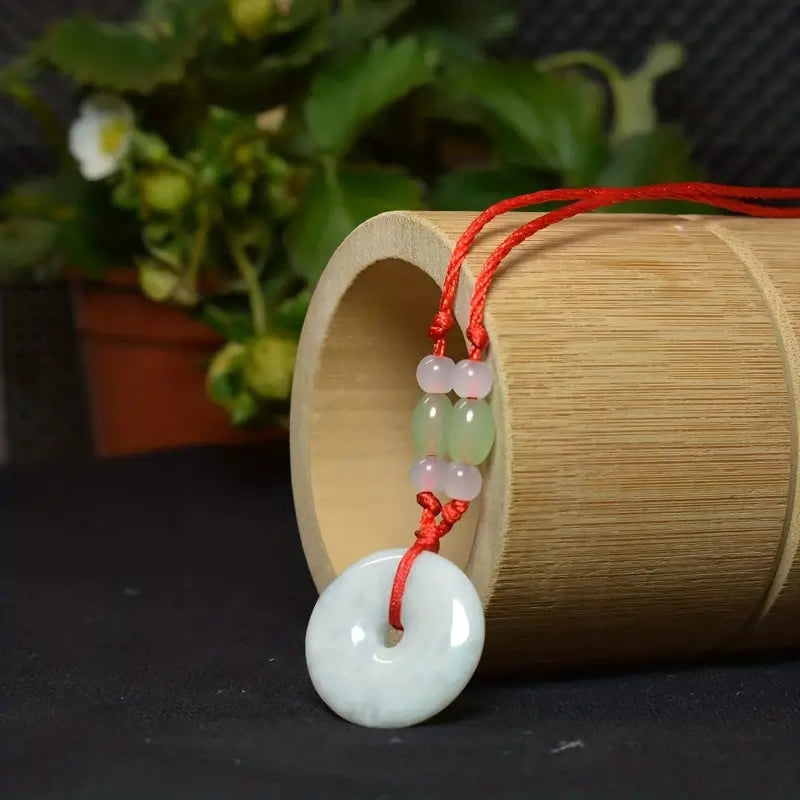 Natural Jadeite Peace Donut Pendant Necklace | Healing Crystal Stone & Adjustable Braided Cord