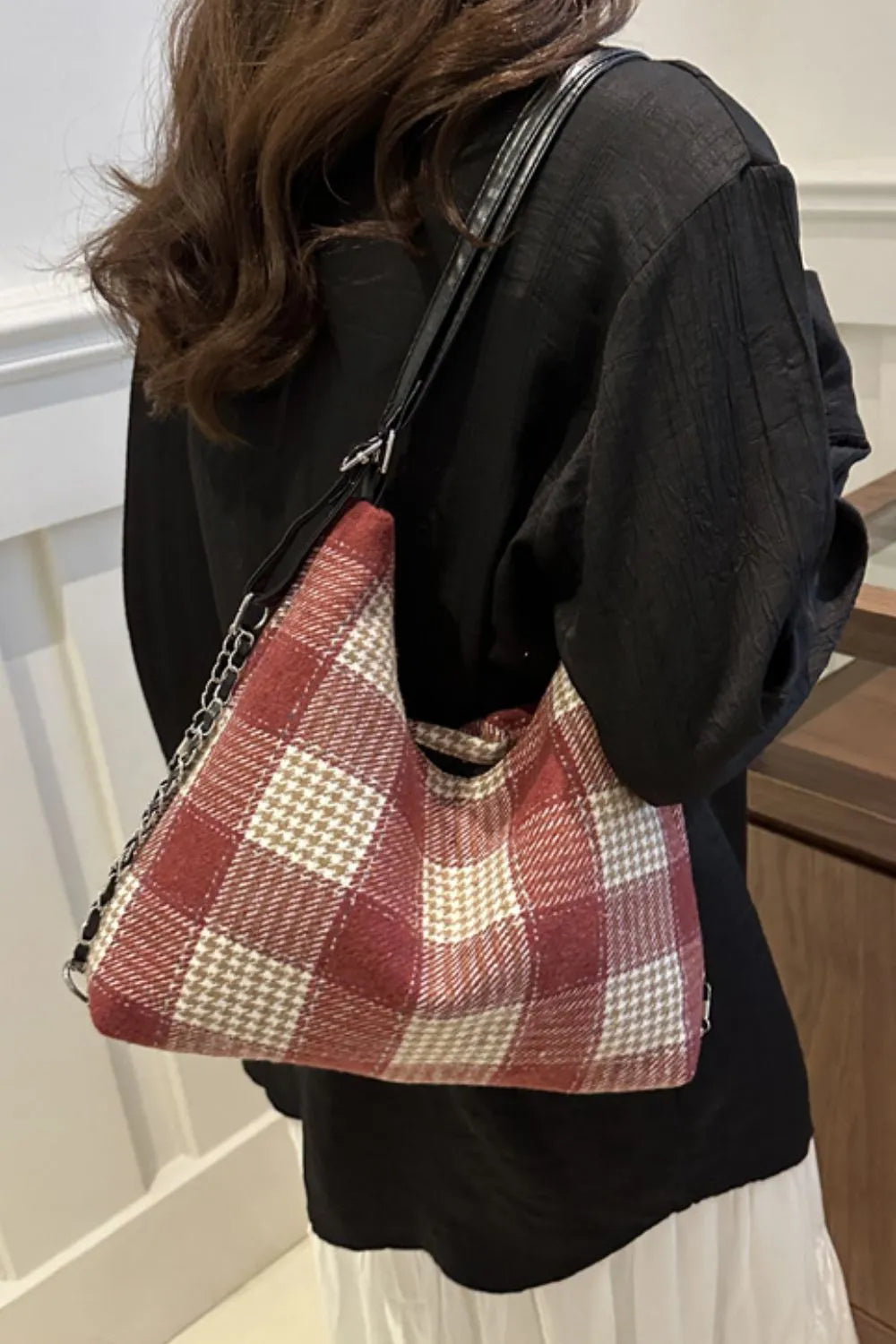 Plaid Adjustable Strap Crossbody Handbag – Medium