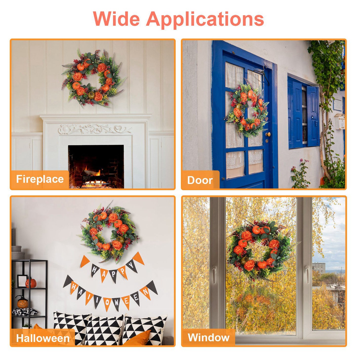 17.7" Fall Wreath for Front Door - Autumn Pumpkin & Berry Harvest Decoration