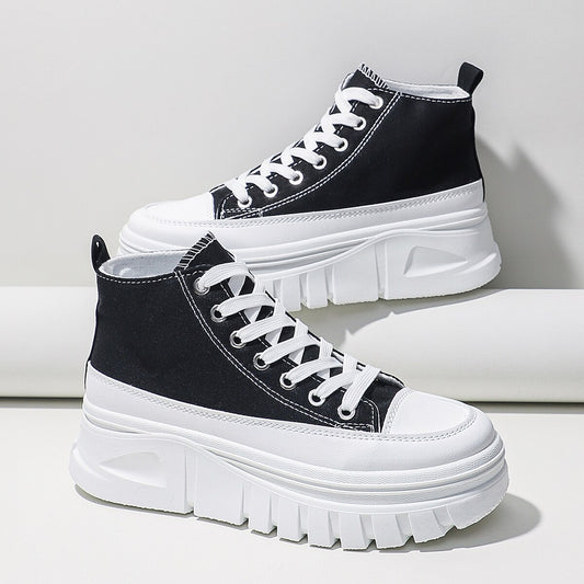 Women's High-Top Flatform Canvas Sneakers | Lace-Up T-Strap Shoes in Black