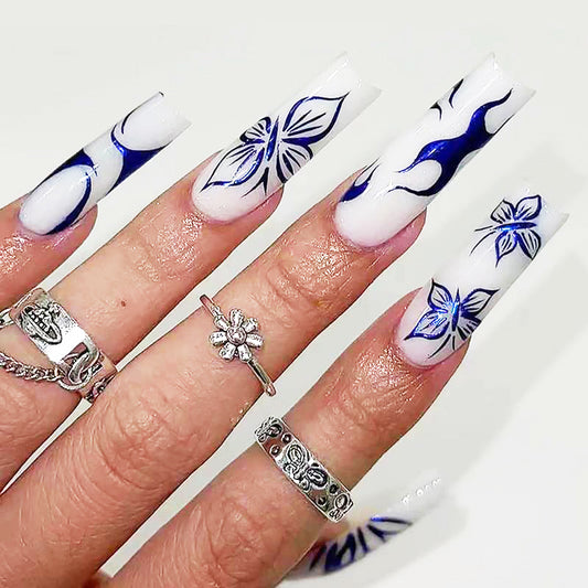 Blue Butterfly Press-On Nails - 24 Piece Long Square Fake Nails Set