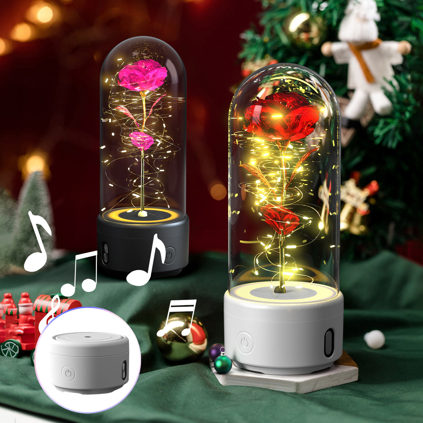 Enchanted Rose LED Light with Bluetooth Speaker - Romantic Glass Dome Night Light for Valentine's Day & Home Decor