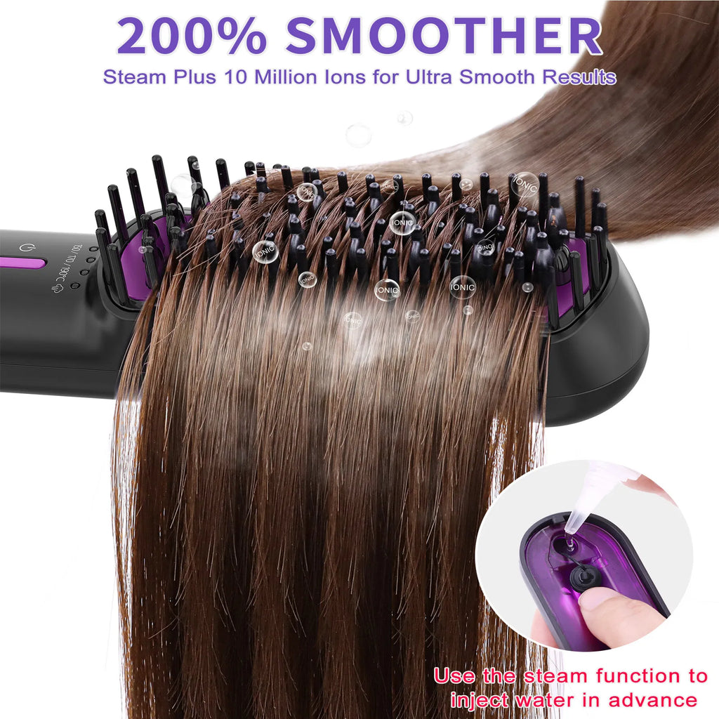 Steam Hair Straightener Brush – Ionic Ceramic Anti-Frizz Straightening Comb with Auto Shut-Off & Dual Voltage