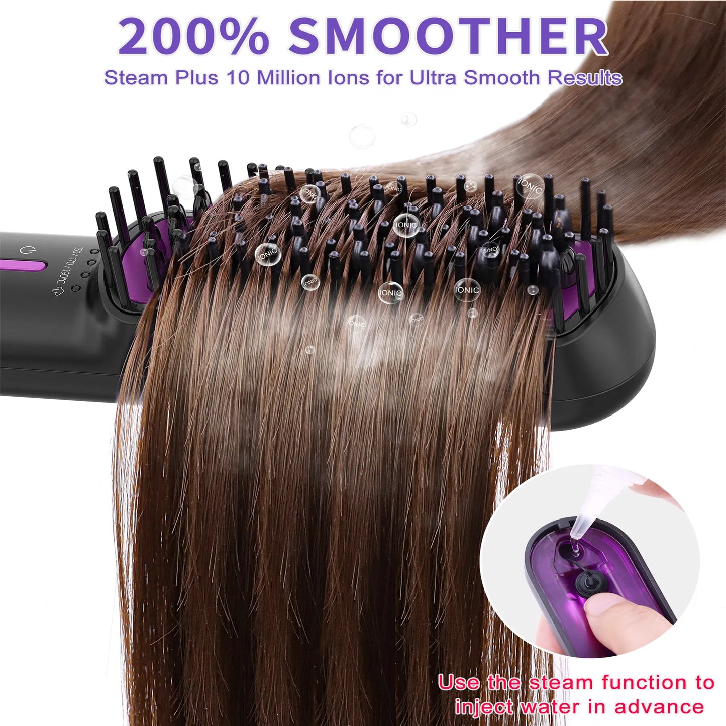 Steam Hair Straightener Brush – Ionic Ceramic Anti-Frizz Straightening Comb with Auto Shut-Off & Dual Voltage