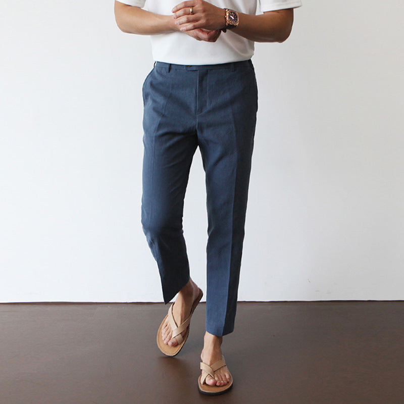 Men's Cotton Linen Cropped Pants - Straight Leg Summer Trousers