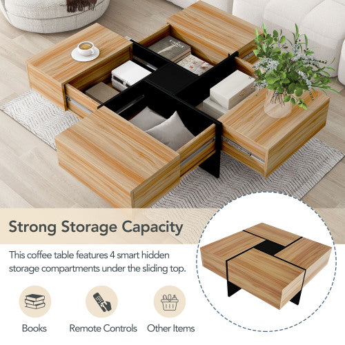 Square Coffee Table with Hidden Storage - 31.5" Extendable Sliding Top, High-Gloss Brown Finish