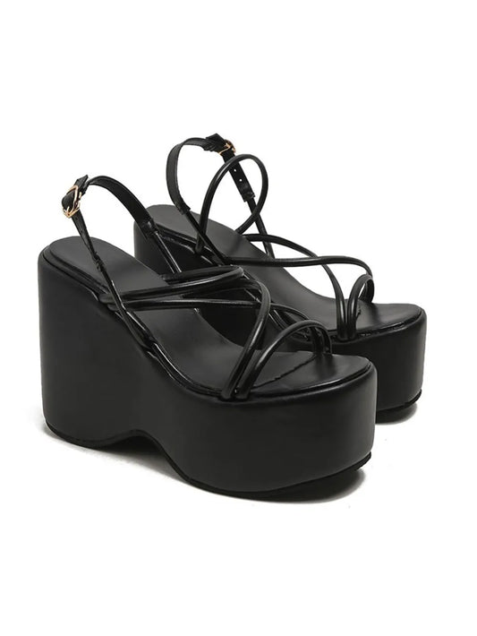 Women's Strappy Platform Wedge Sandals – High Heel PU Leather