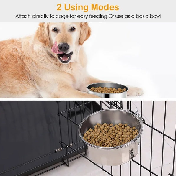 Stainless Steel Crate Bowl – Removable Hanging Feeder with Secure Clamp for Dogs & Cats, Medium