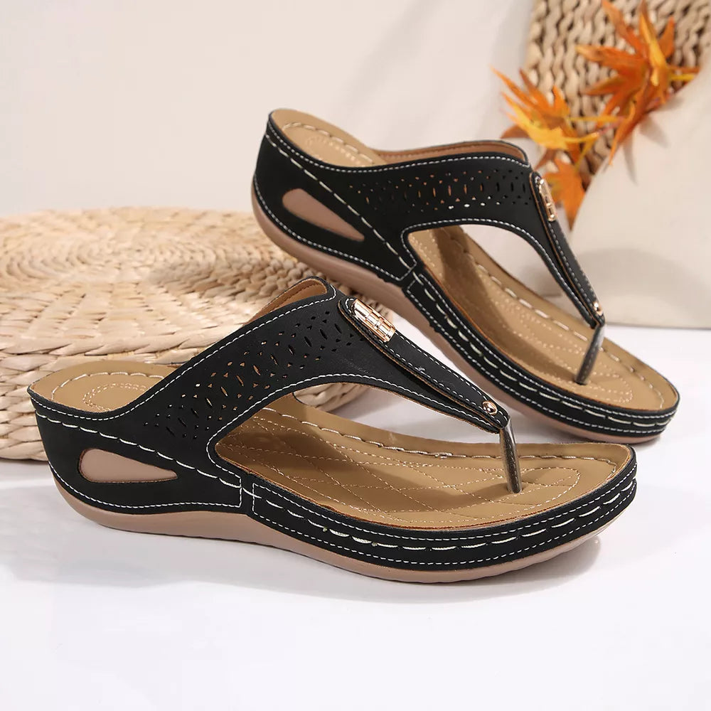 Women's Toe Post Wedge Sandals – Low Heel PU Leather Flip Flop Style