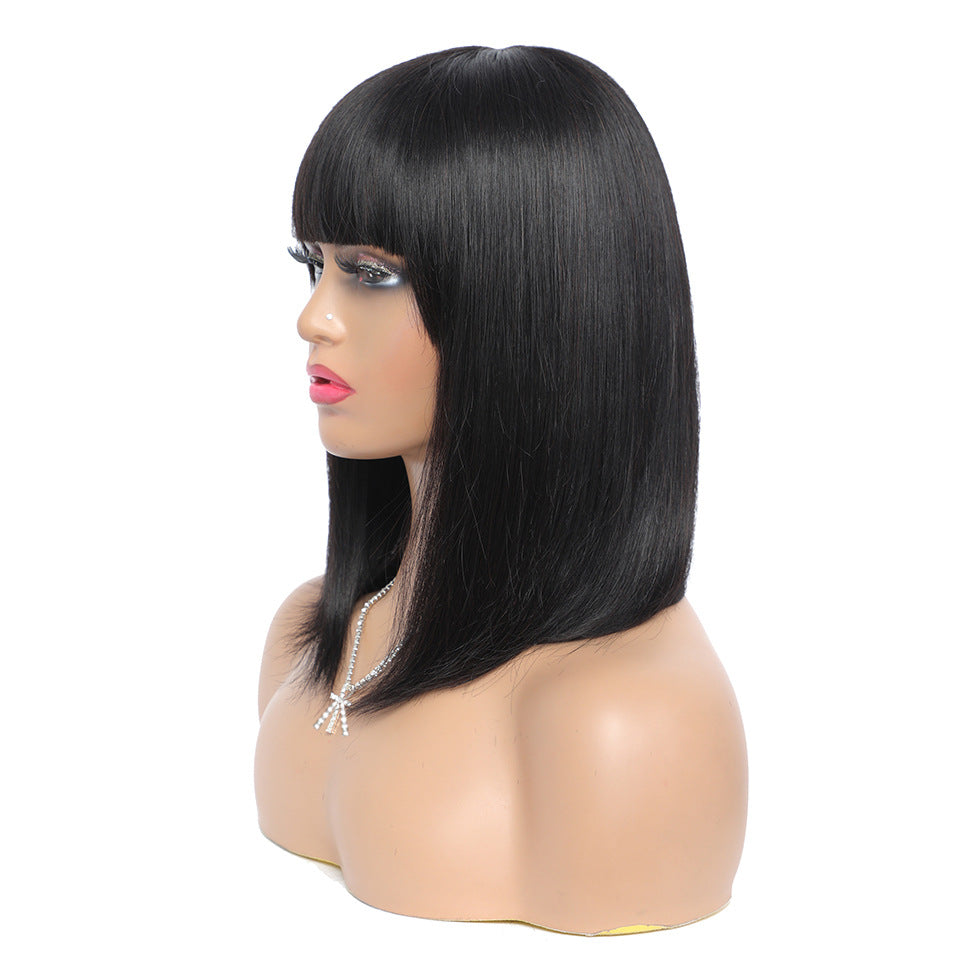 100% Human Hair Bob Wig with Straight Bangs - Short Natural