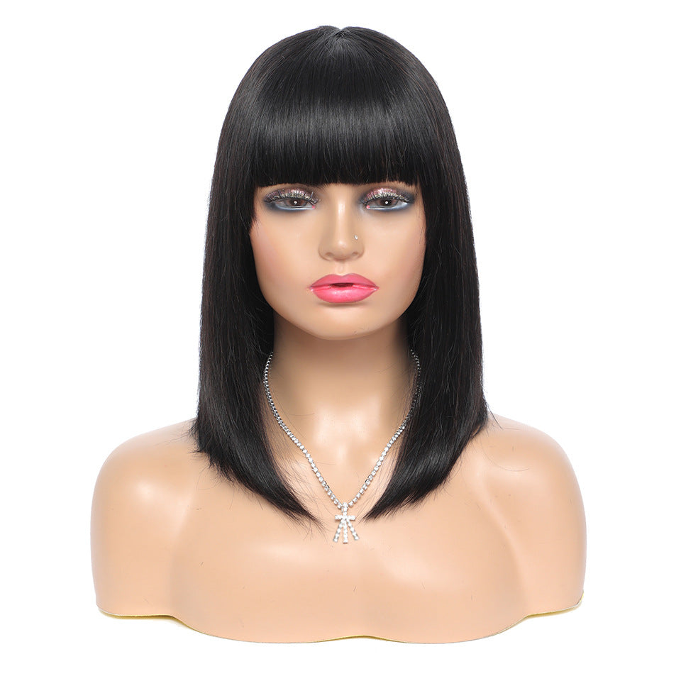100% Human Hair Bob Wig with Straight Bangs | Short Natural Bob
