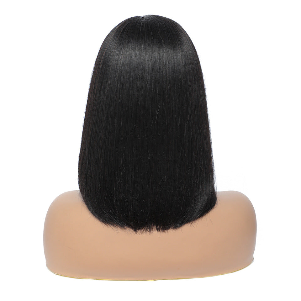 100% Human Hair Bob Wig with Straight Bangs - Short Natural