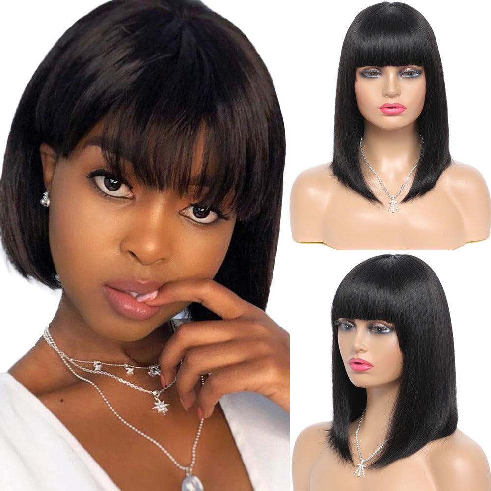 100% Human Hair Bob Wig with Straight Bangs - Short Natural