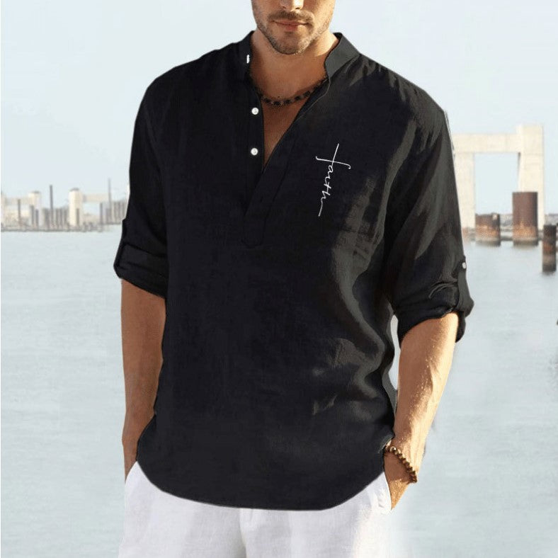 Men's Cotton Linen Embroidered Long Sleeve Shirt - Stand Collar