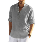 Men's Cotton Linen Embroidered Long Sleeve Shirt - Stand Collar