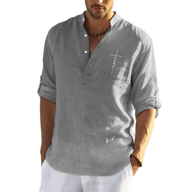 Men's Cotton Linen Embroidered Long Sleeve Shirt - Stand Collar