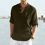 Men's Cotton Linen Embroidered Long Sleeve Shirt - Stand Collar