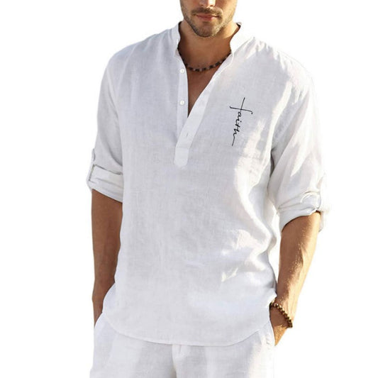 Men's Cotton Linen Embroidered Long Sleeve Shirt - Stand Collar