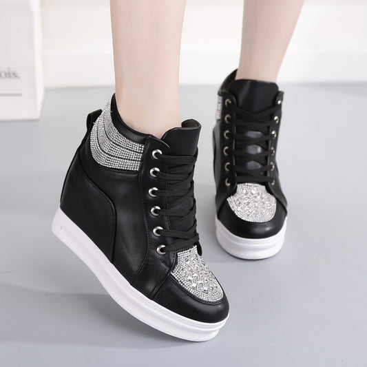 Women's Rhinestone High-Top Wedge Sneakers – Platform Canvas Shoes