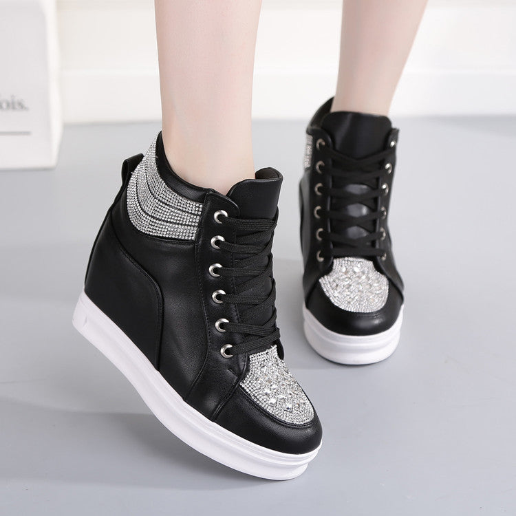 Women's Rhinestone High-Top Wedge Sneakers – Platform Canvas Shoes