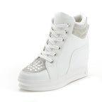 Women's Rhinestone High-Top Wedge Sneakers – Platform Canvas Shoes