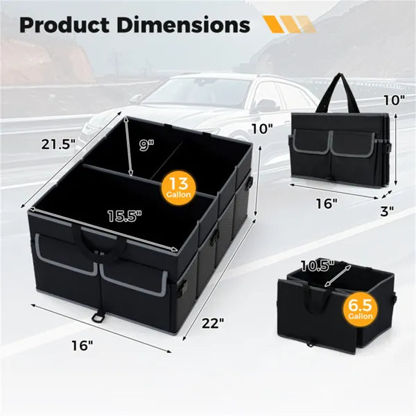 Car Trunk Organizer – 13 Gallon | 3 Compartments, 6 Pockets, Non-Slip Base, Collapsible