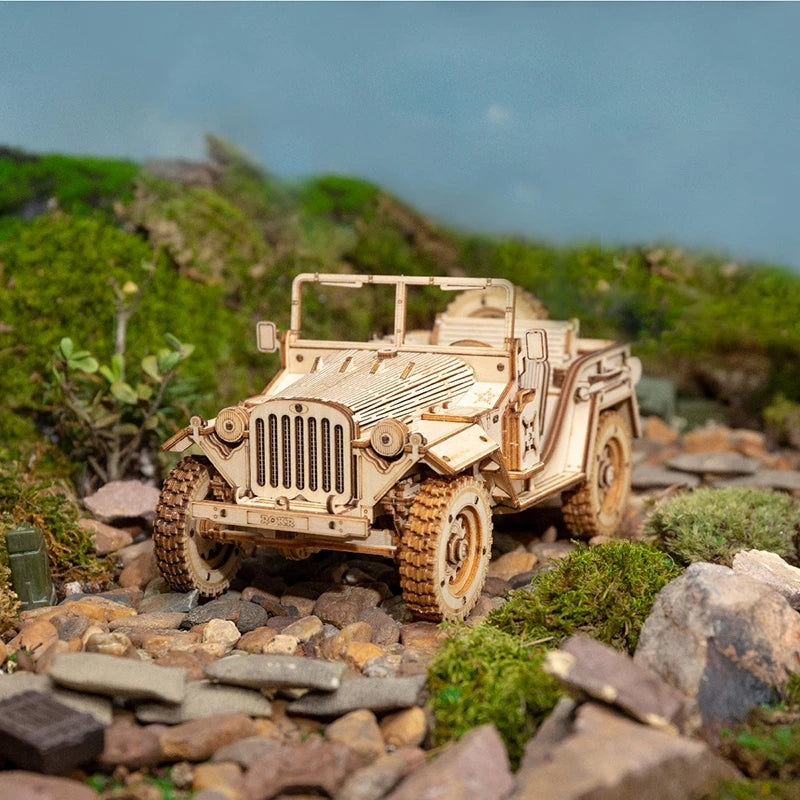 1940s Army Jeep 3D Wooden Puzzle - 1:18 Scale Model Kit for Adults & Kids