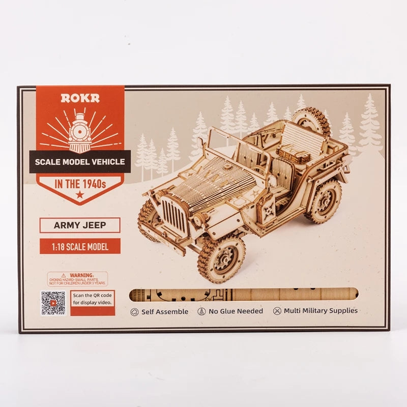 1940s Army Jeep 3D Wooden Puzzle - 1:18 Scale Model Kit for Adults & Kids