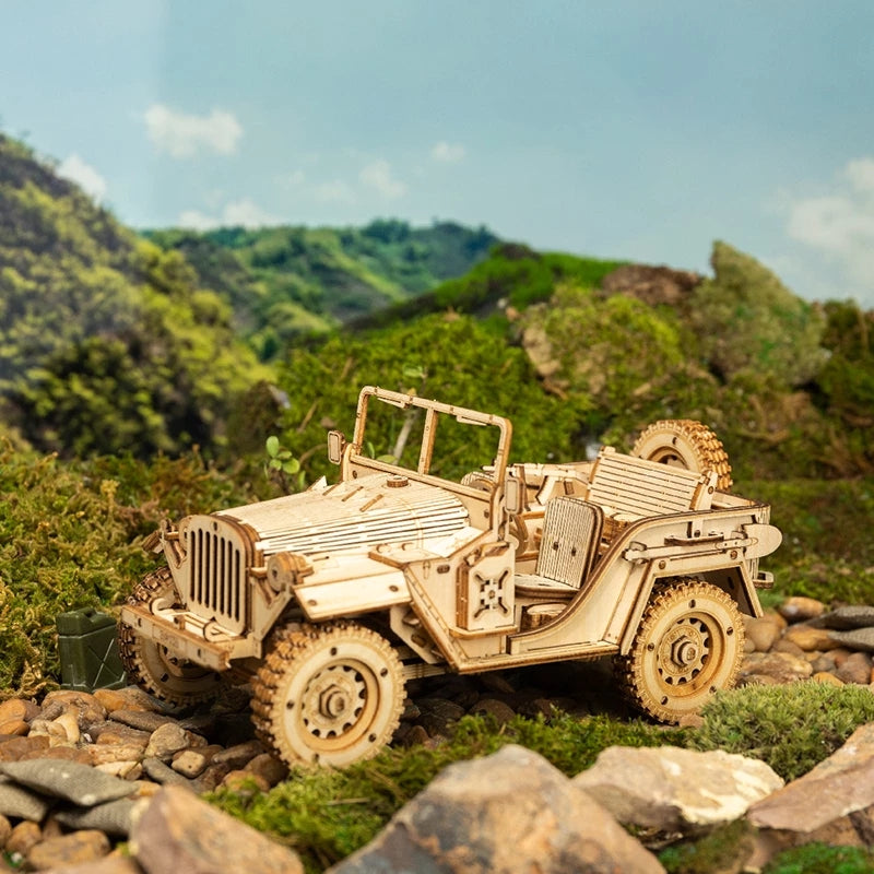 1940s Army Jeep 3D Wooden Puzzle - 1:18 Scale Model Kit for Adults & Kids